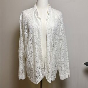 White Sheer Lace Open Front Relaxed Fit Cottagecore Coquette Femme Cardigan XL‎